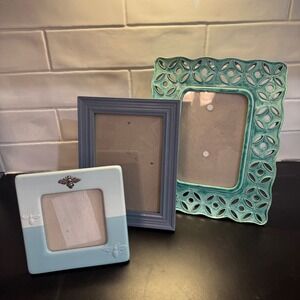 Mixed Brand Photo Frame Set Unisex OS Blue Teal Ceramic Wood Coastal Bee Decor